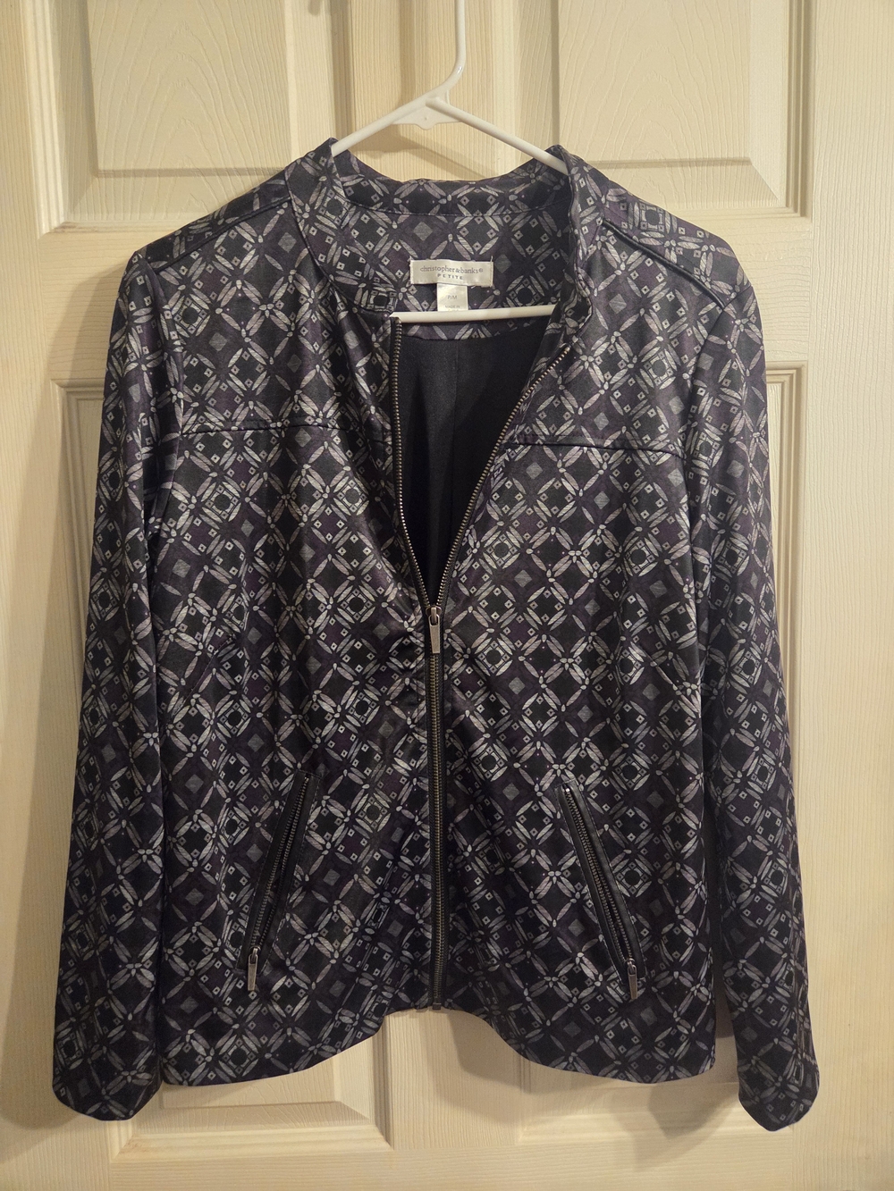 Women’s Geometric Print Zip-Front Jacket - Black & Gray